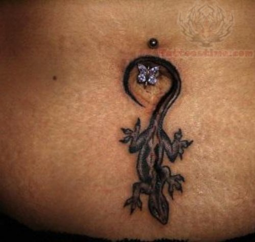 Grey Ink Lizard Belly Button Tattoo